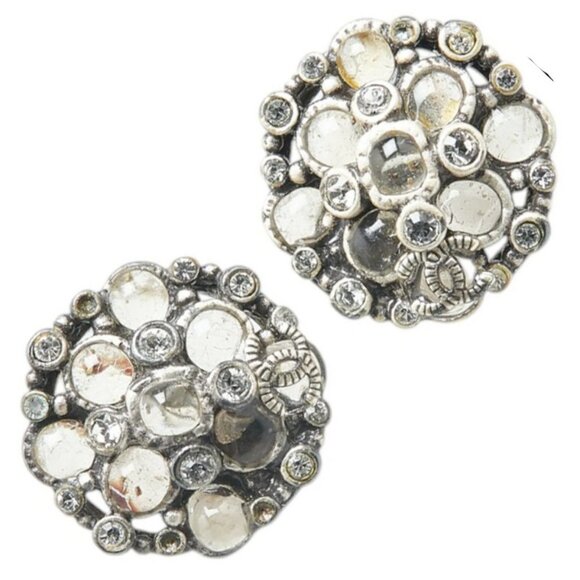 CHANEL CC Logos Rhinestone Stud Earrings Silver Tone A15B Auth w/Box - Picture 4 of 6